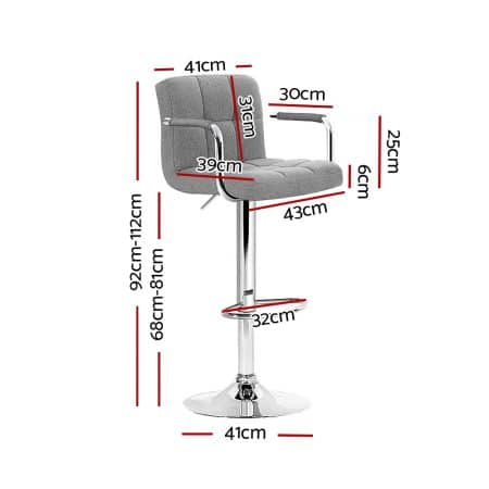 Artiss 2x Bar Stools Fabric Gas Lift w/Armrest Grey - Image 2