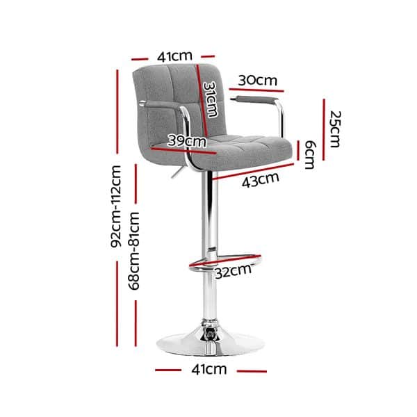 Artiss 2x Bar Stools Fabric Gas Lift w/Armrest Grey - Image 2