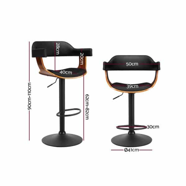 Artiss Bar Stools Gas Lift Leather w/Armrest All Black - Image 2