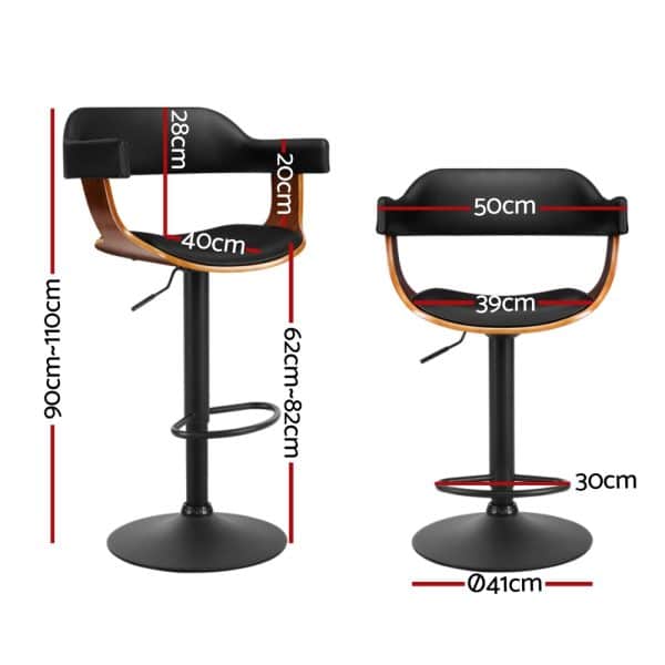 Artiss 4x Bar Stools Gas Lift Leather w/Armrest All Black - Image 2