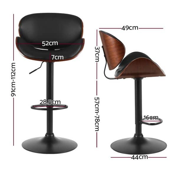 Artiss Bar Stools Kitchen Leather Barstools Swivel Gas Lift Chairs Black x2 - Image 2