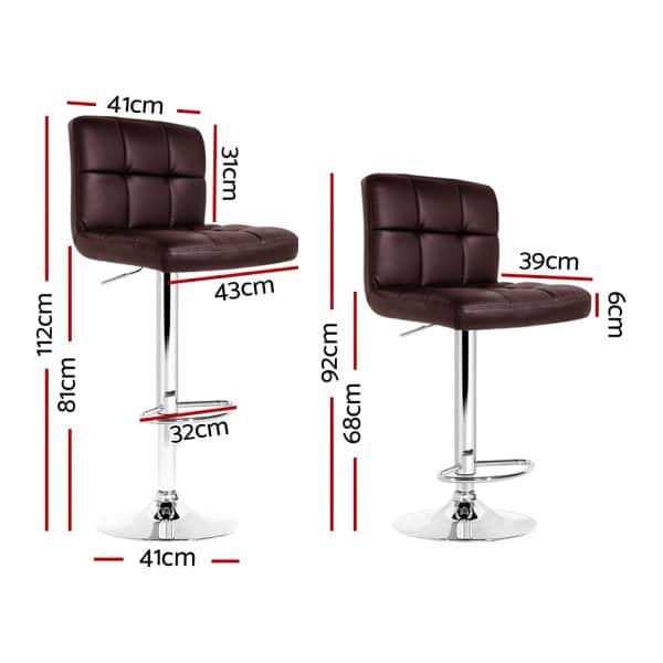 Artiss 2x Bar Stools Leather Gas Lift Brown - Image 2