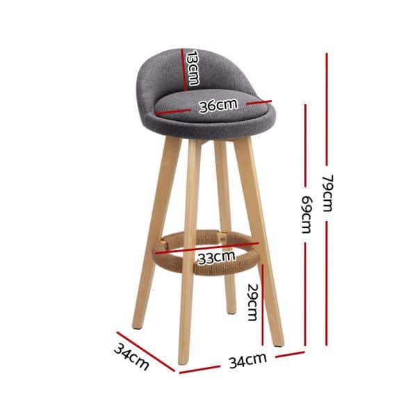 Artiss 2x Bar Stools Padded Linen Wooden Grey - Image 2