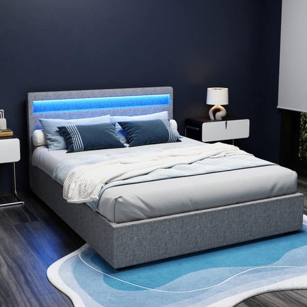 Artiss Bed Frame Queen Size LED Gas Lift Grey COLE - Image 2