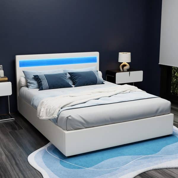 Artiss Bed Frame Queen Size LED Gas Lift White COLE - Image 2