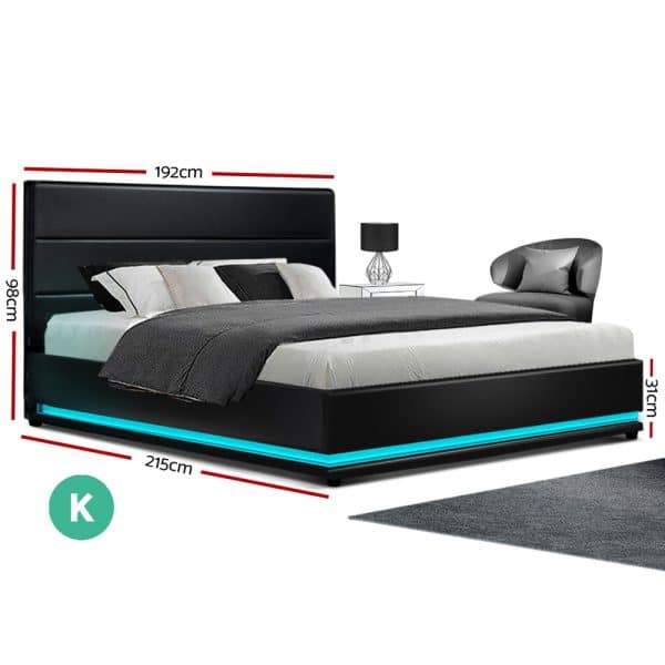 Artiss Bed Frame King Size LED Gas Lift Black LUMI - Image 2