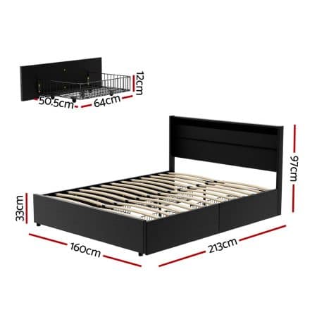 Artiss Bed Frame Queen Size LED with 4 Drawers Black DUNN - Image 2