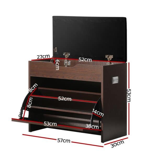Artiss Shoe Rack Cabinet Bench 3-tier 15 Pairs Walnut - Image 2