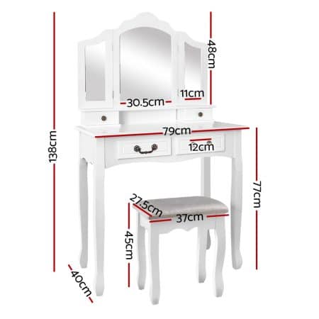Artiss Dressing Table Stool Set Foldable Mirror White - Image 2