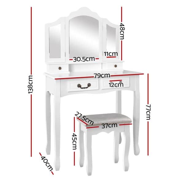 Artiss Dressing Table Stool Set Foldable Mirror White - Image 2