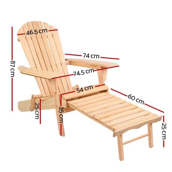 Gardeon 2PC Adirondack Outdoor Chairs Wooden Sun Lounge Patio Furniture Garden Natural - Image 2
