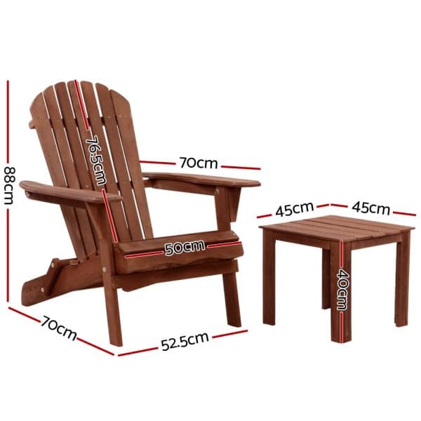 Gardeon 3PC Adirondack Outdoor Table and Chairs Wooden Foldable Beach Chair Brown - Image 2