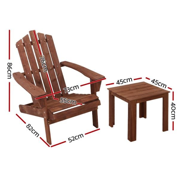 Gardeon 3PC Adirondack Outdoor Table and Chairs Wooden Beach Chair Brown - Image 2