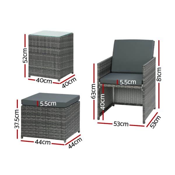 Gardeon 5PC Bistro Set Wicker Table and Chairs Ottoman Outdoor Furniture Grey - Image 2