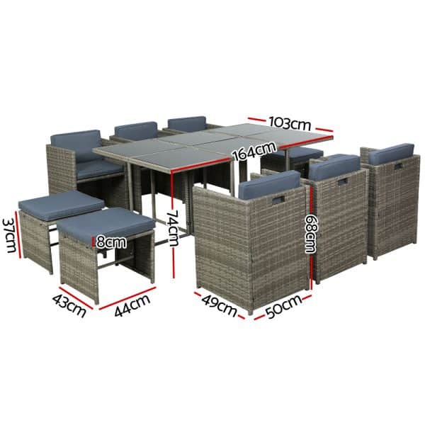 Gardeon Outdoor Dining Set 11 Piece Wicker Table Chairs Setting Grey - Image 2