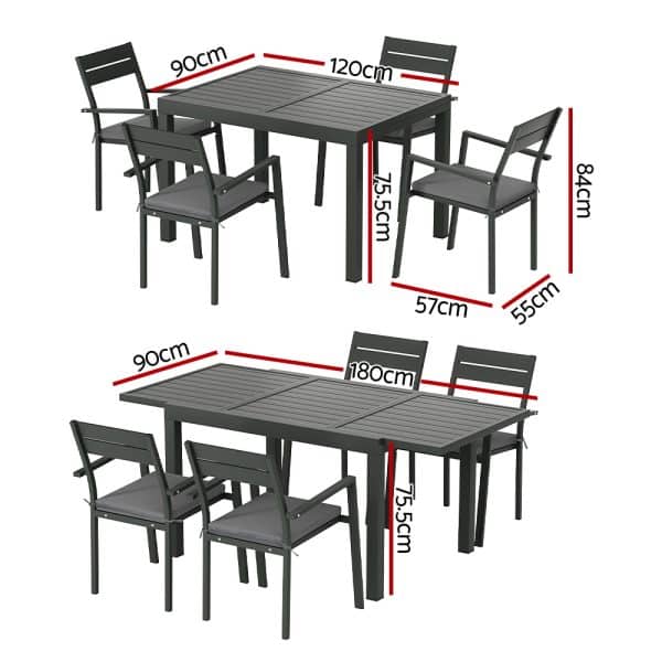 Gardeon Outdoor Dining Set 5 Piece Aluminum Extendable Table Setting Black - Image 2