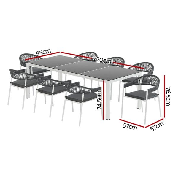 Gardeon Outdoor Dining Set 9 Piece Steel Table Chairs Setting White - Image 2