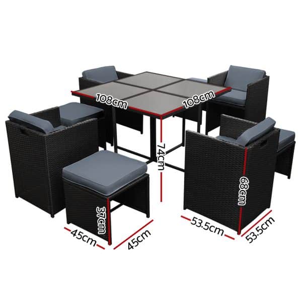 Gardeon Outdoor Dining Set 9 Piece Wicker Table Chairs Setting Black - Image 2