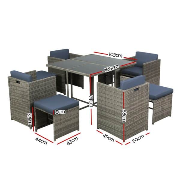 Gardeon Outdoor Dining Set 9 Piece Wicker Table Chairs Setting Grey - Image 2