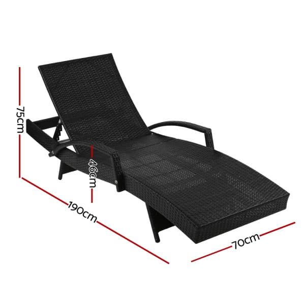 Gardeon 2PC Sun Lounge Wicker Lounger Outdoor Furniture Beach Chair Patio Adjustable Cushion Black - Image 2