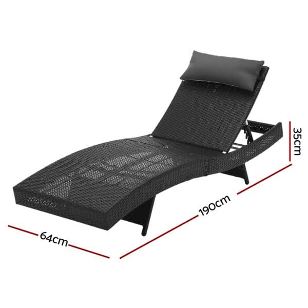 Gardeon 2PC Sun Lounge Wicker Lounger Outdoor Furniture Beach Chair Garden Adjustable Black - Image 2
