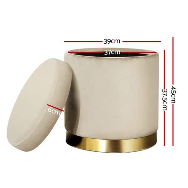 Artiss Ottoman Storage Foot Stool Round Velvet Cream - Image 2