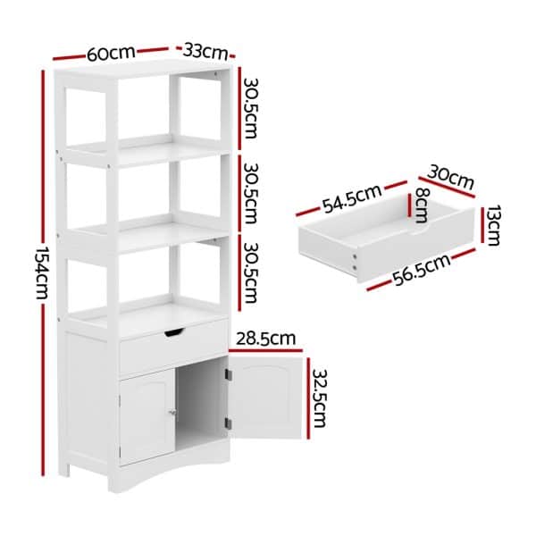Artiss Bathroom Floor Storage Cabinet with 2 Drawers 3 Open Shelves 2 Doors White - Image 2