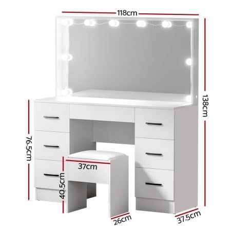 Artiss Dressing Table Set Stool 10 Led Bulbs White Debbie - Image 2