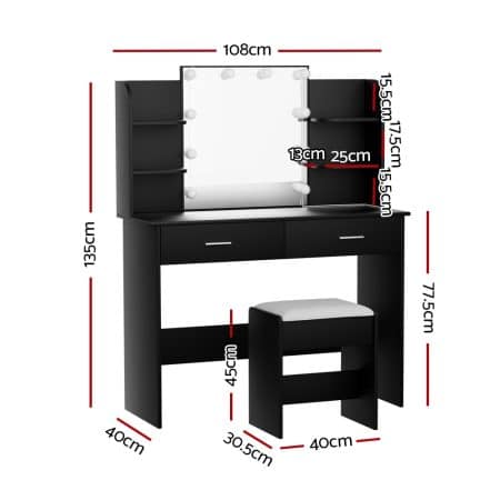 Artiss Dressing Table Set Stool 10 Led Bulbs Black Dulcea - Image 2