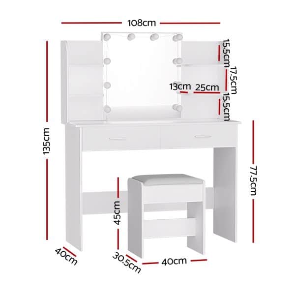 Artiss Dressing Table Set Stool 10 Led Bulbs White Dulcea - Image 2