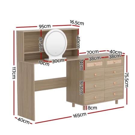 Artiss Dressing Table Set Stool LED Mirror Pine - Image 2