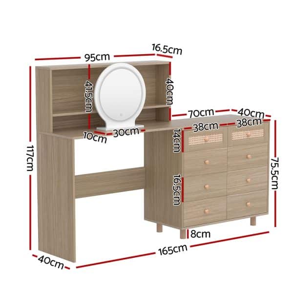 Artiss Dressing Table Set Stool LED Mirror Pine - Image 2