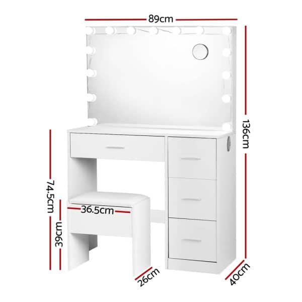 Artiss Dressing Table Set Stool 15 Led Bulbs White Darcy - Image 2