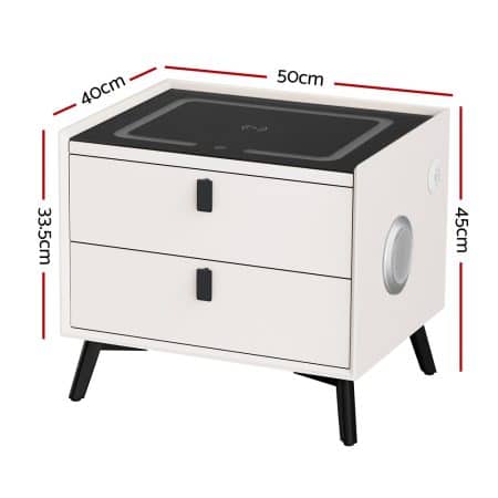 Artiss Smart Bedside Table 2 Drawers with Wireless Charging Ports LED White AIKA - Image 2