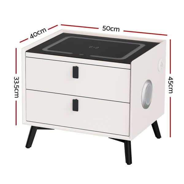 Artiss Smart Bedside Table 2 Drawers with Wireless Charging Ports LED White AIKA - Image 2