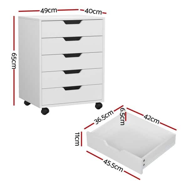 Artiss 5-Drawer Filing Cabinet Mobile Rolling Storage Cabinet Chest of Drawers Stand White - Image 2