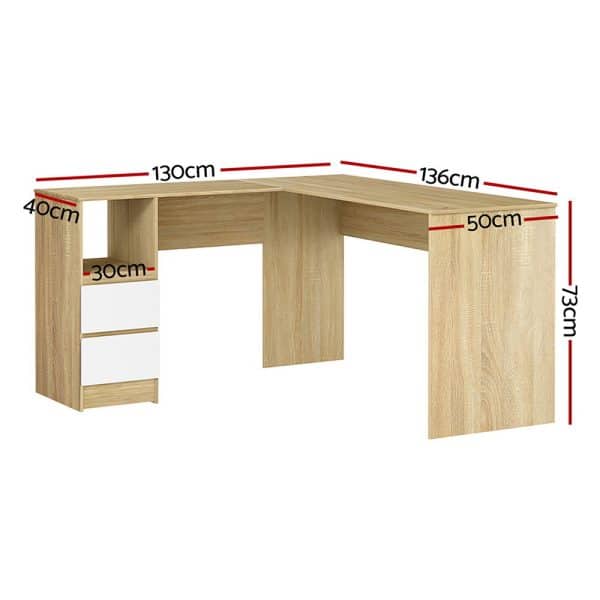 Artiss Computer Desk Drawer Cabinet L-Shape Oak 136CM - Image 2