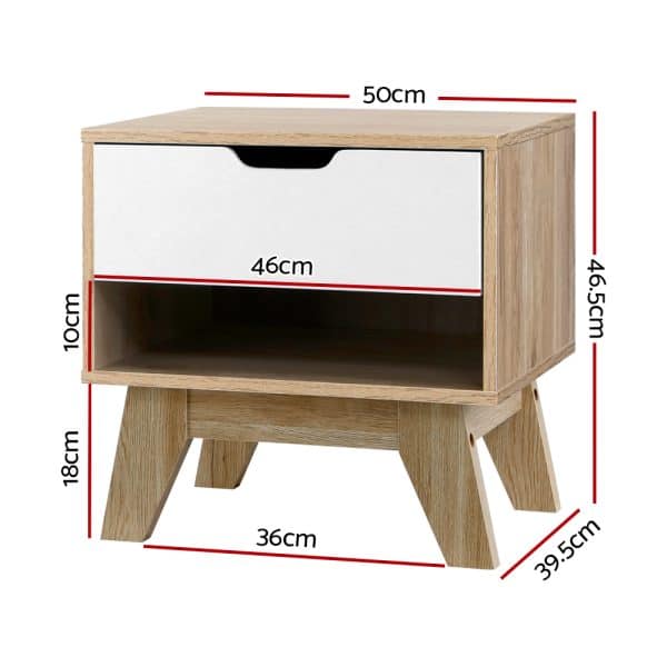 Artiss Bedside Table 1 Drawer with Shelf - IKER White & Oak - Image 2