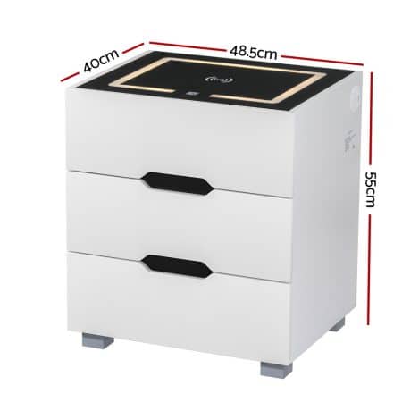 Artiss Smart Bedside Table 3 Drawers with Wireless Charging Ports LED White ADAD - Image 2
