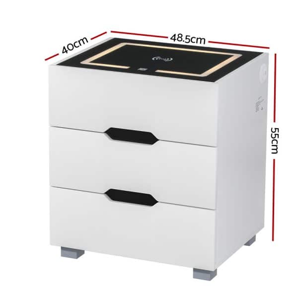 Artiss Smart Bedside Table 3 Drawers with Wireless Charging Ports LED White ADAD - Image 2