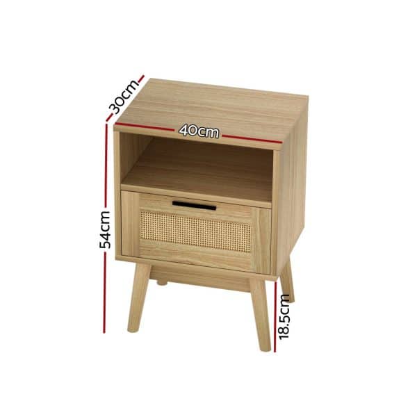 Artiss Rattan Bedside Table 1 Drawer with Shelf - REI Oak - Image 2