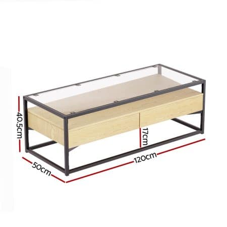 Artiss Coffee Table 2 Drawers Glass Tabletop Pine - Image 2