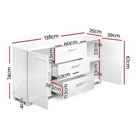 Artiss Buffet Sideboard High Gloss - White - Image 2