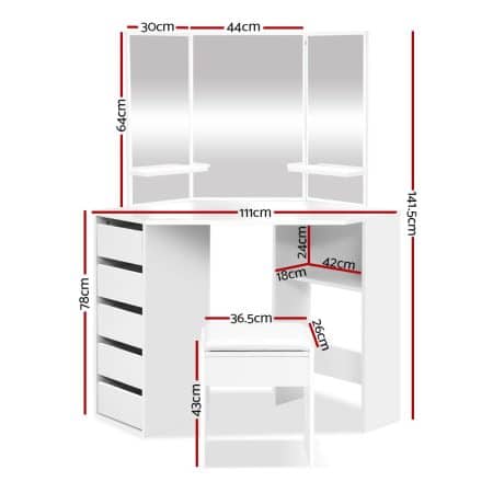 Artiss Dressing Table Stool Set Corner 5 Drawers White - Image 2