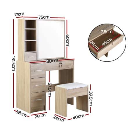 Artiss Dressing Table Stool Set Sliding Mirror Oak Diane - Image 2
