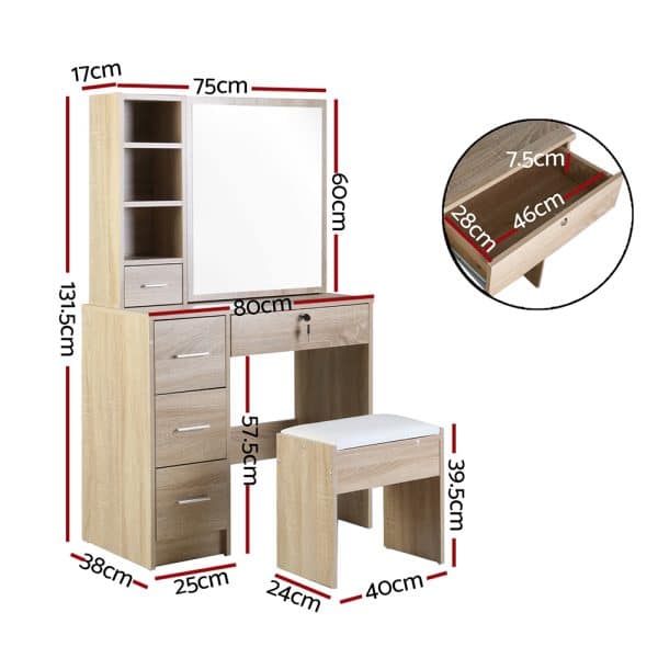 Artiss Dressing Table Stool Set Sliding Mirror Oak Diane - Image 2