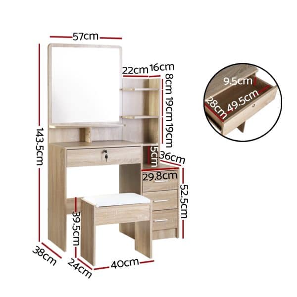 Artiss Dressing Table Stool Set 4 Drawers Oak - Image 2