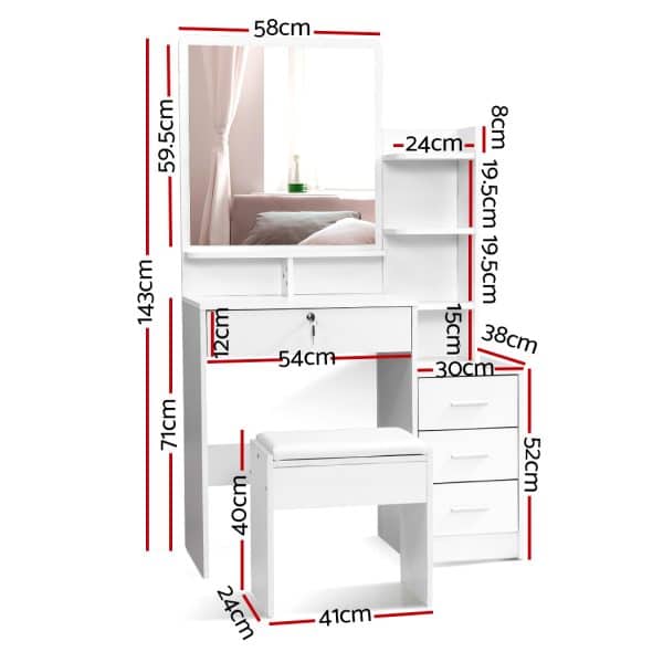 Artiss Dressing Table Stool Set 4 Drawers White - Image 2