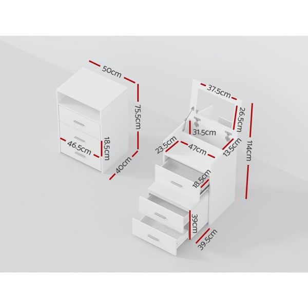 Artiss 2-in-1 Dressing Table Stool Set Bedside Table White - Image 2