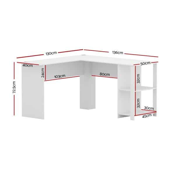 Artiss Computer Desk Shelf L-Shape White 136CM - Image 2